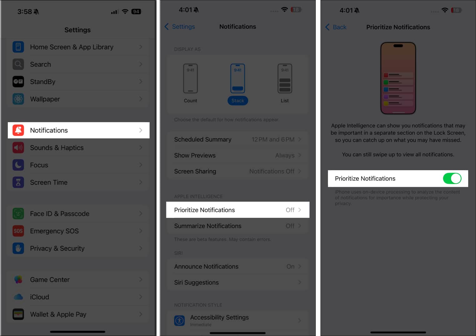 Enabling the Prioritize Notifications feature on an iPhone.