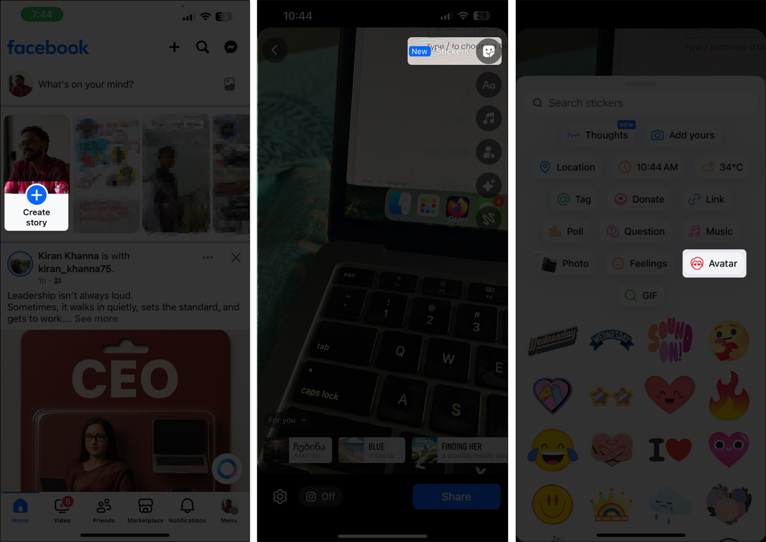 Creating a new story and adding the avatar