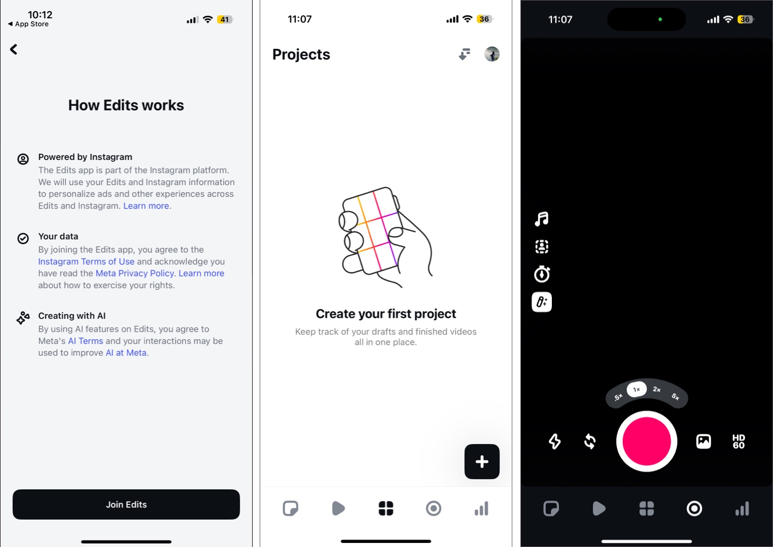 Getting started with instagram edits app showing join edits button and options to import or capture video for editing
