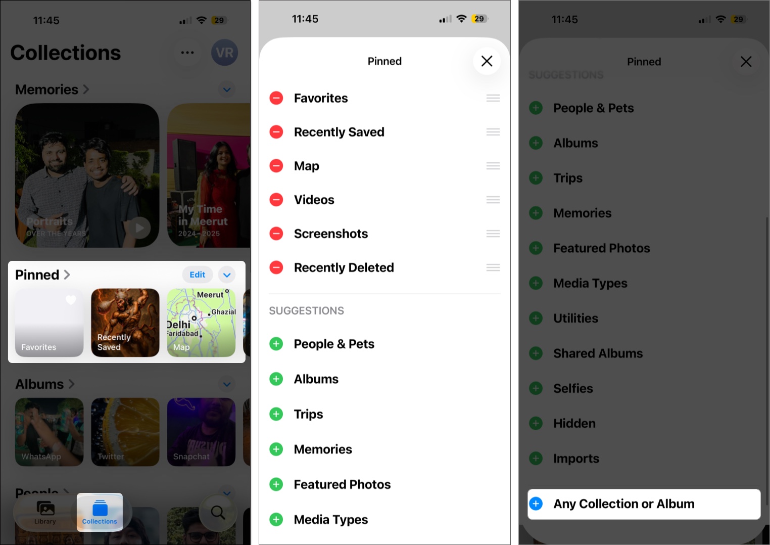How to modify pinned collections in the photos app