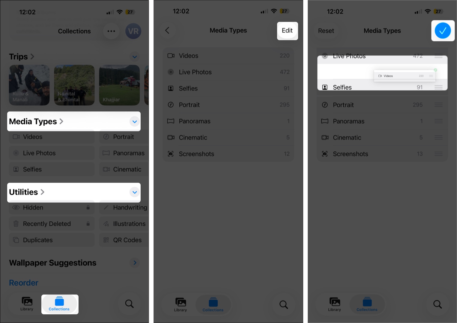 How to reorder items in the media types and utilities collections