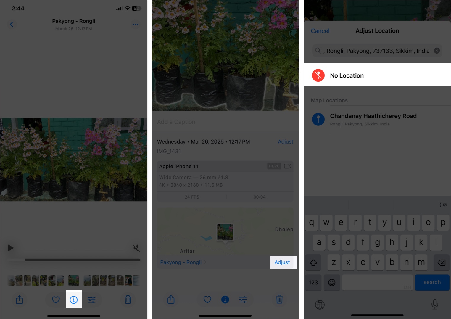 Remove location data from photo using info option in iphone photos app