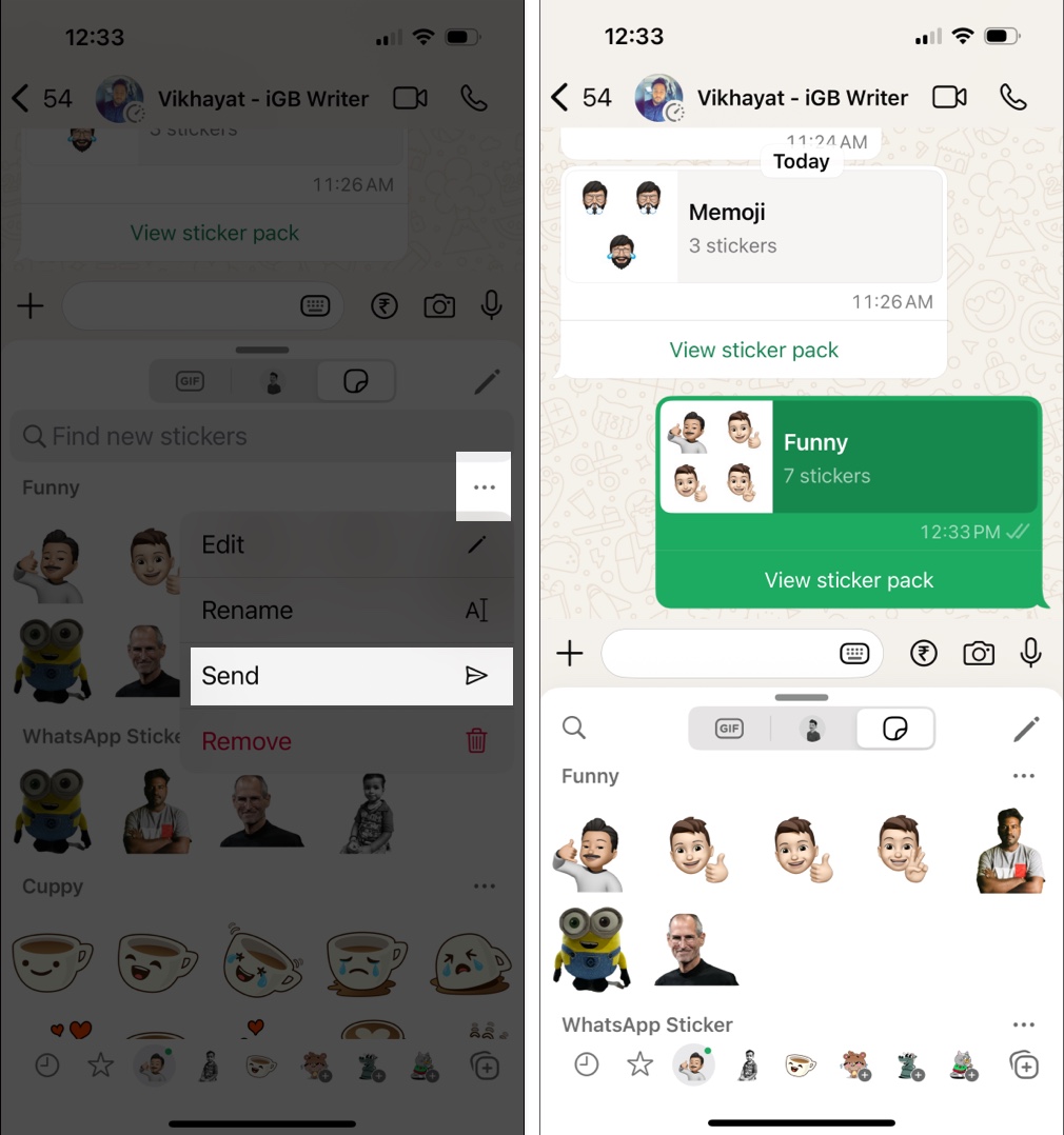 Send custom sticker pack on whatsapp using three dot menu