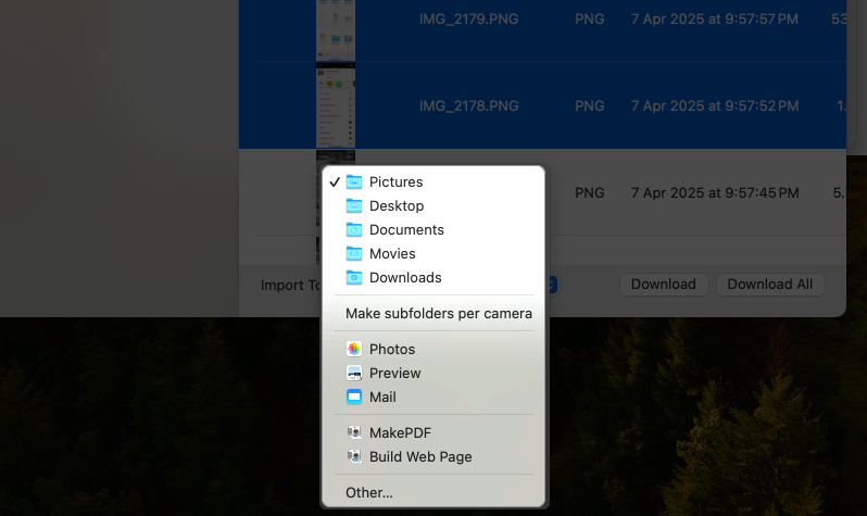 Selecting the destination to move selected photos and videos to on a mac