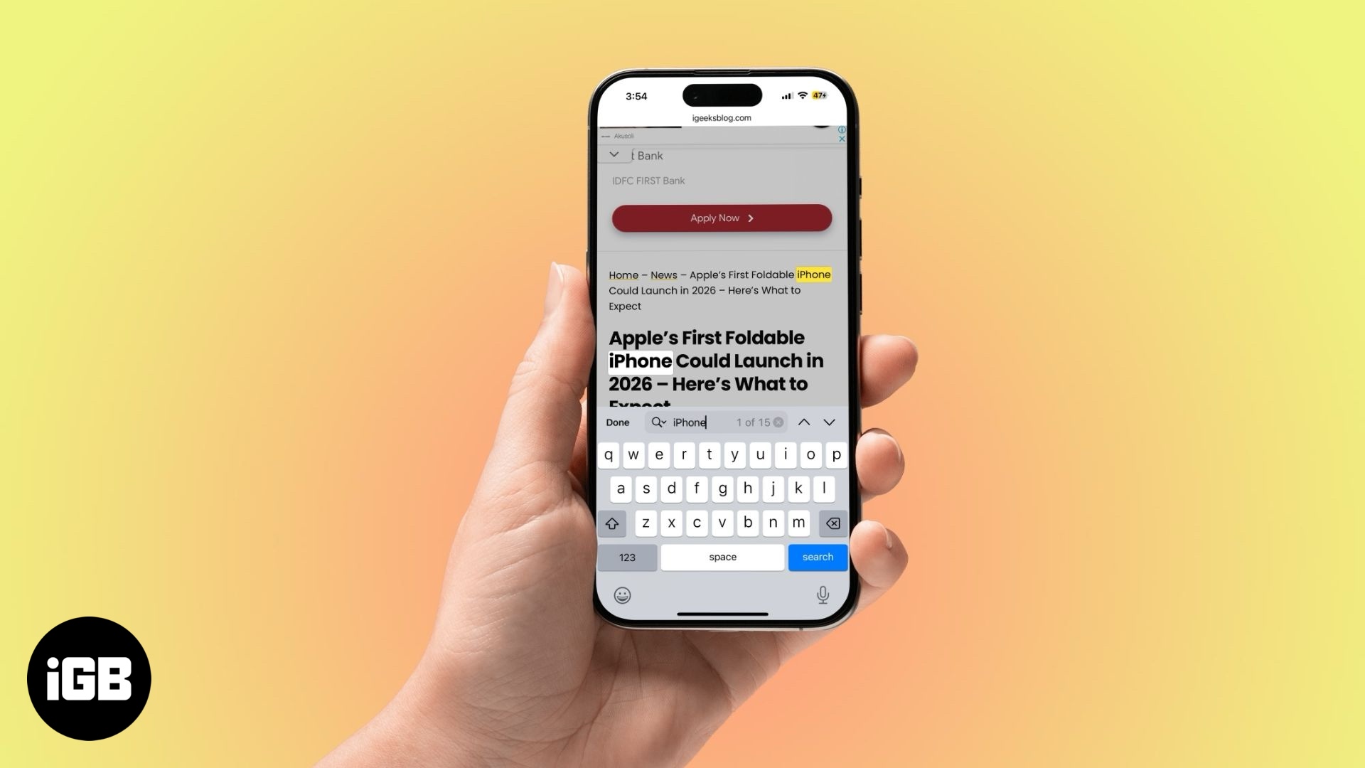 Use Control F on iPhone to instantly find words in Safari.