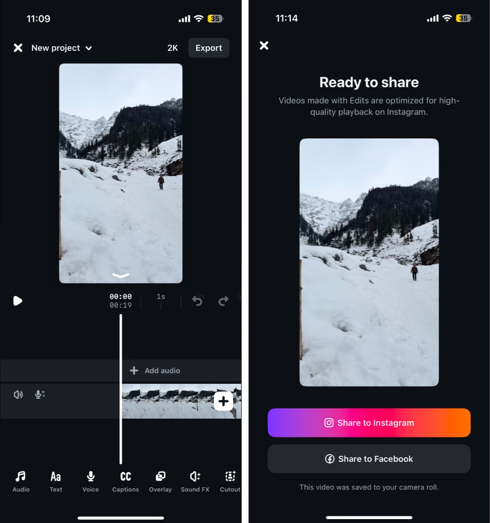 Using instagram edits app timeline editor to trim split and enhance videos before exporting