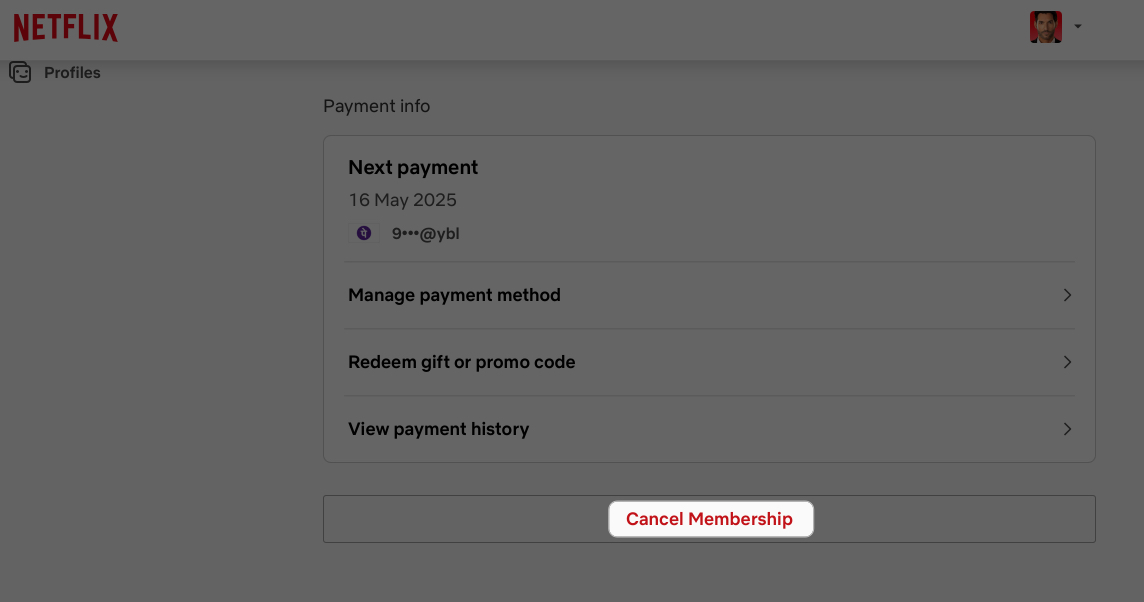 Cancel membership button to cancel a netflix subscription