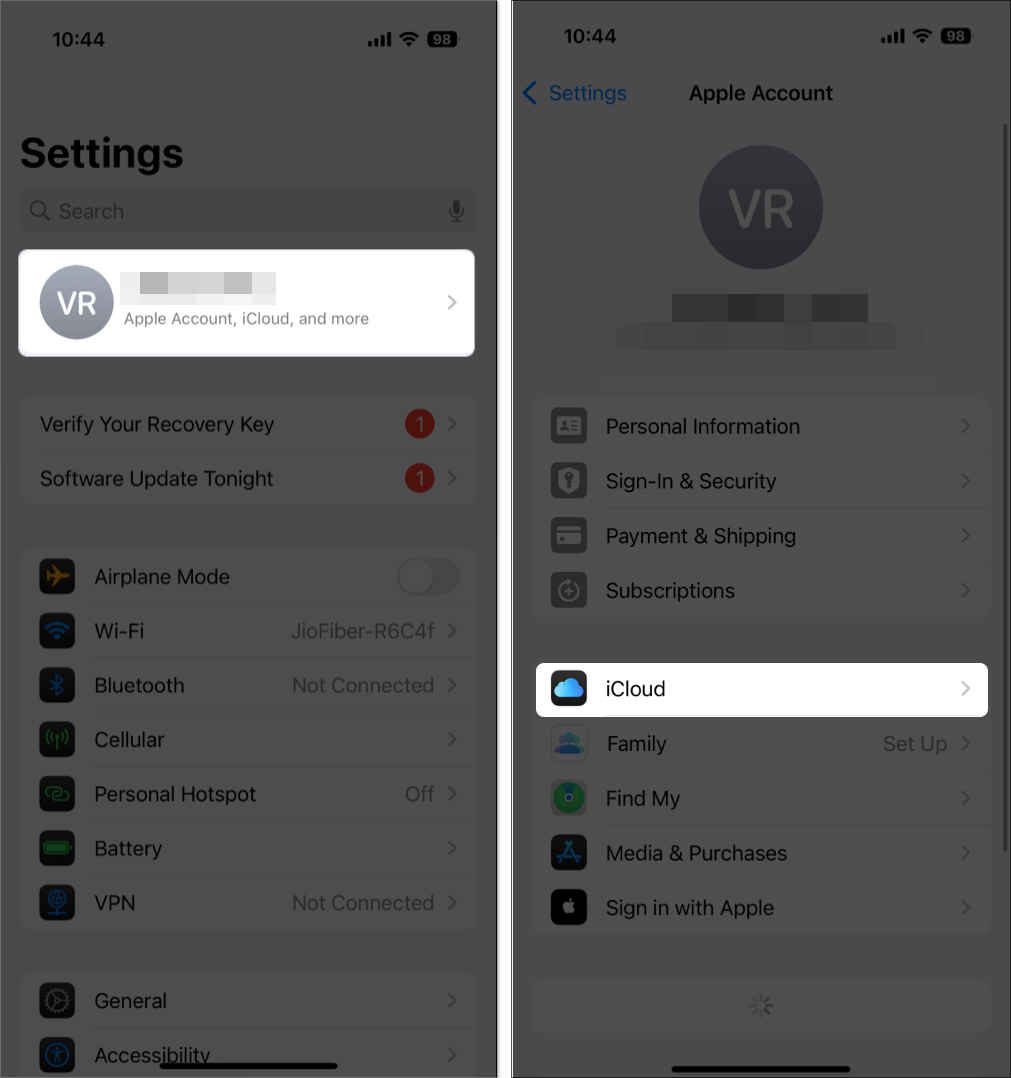 Accessing icloud settings on an iphone
