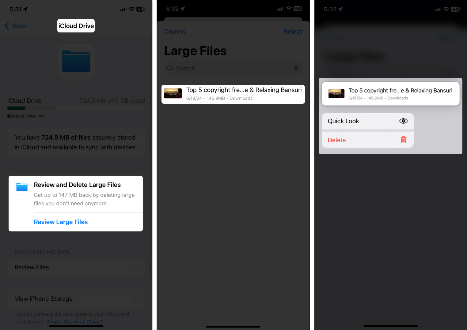 Access large file from review large file option in icloud drive on iphone settings