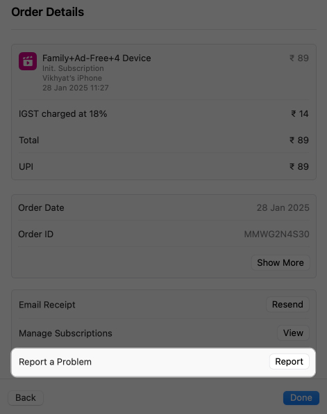 Using the report a problem option to create a refund request