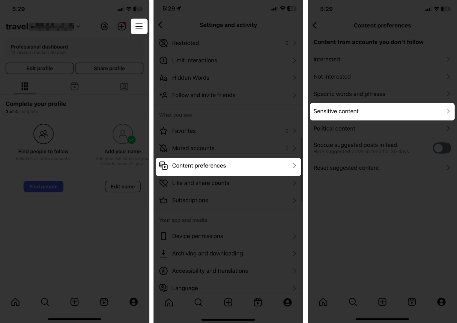 Access sensitive content settings in instagram on iphone and android