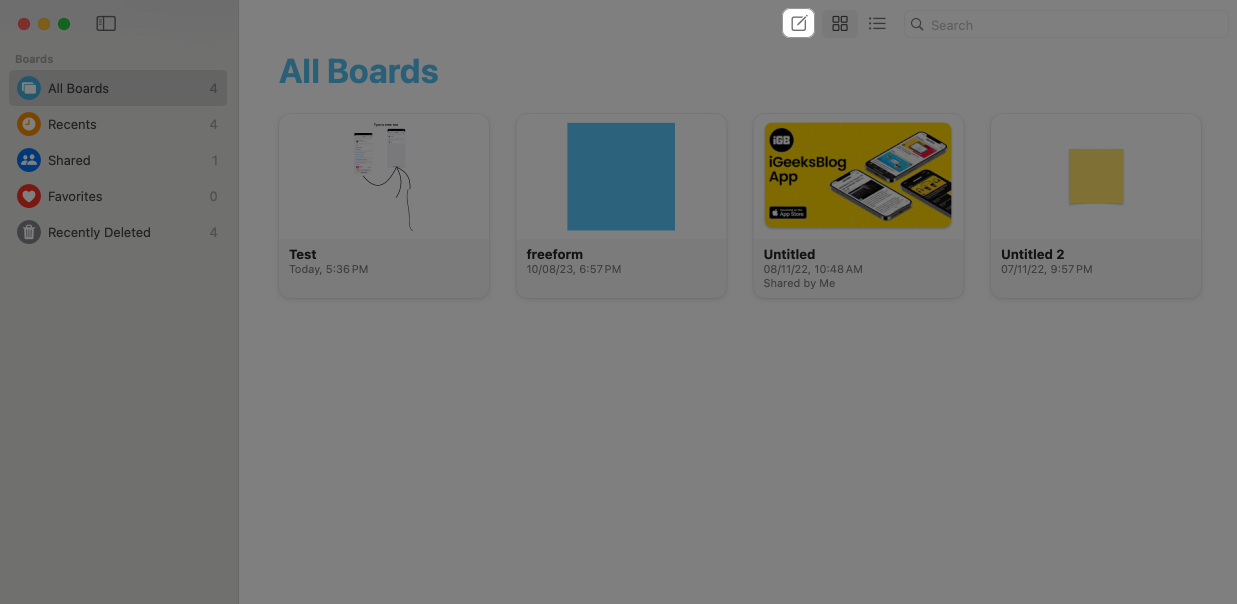 Accessing all board and tap on pen icon to create a new board