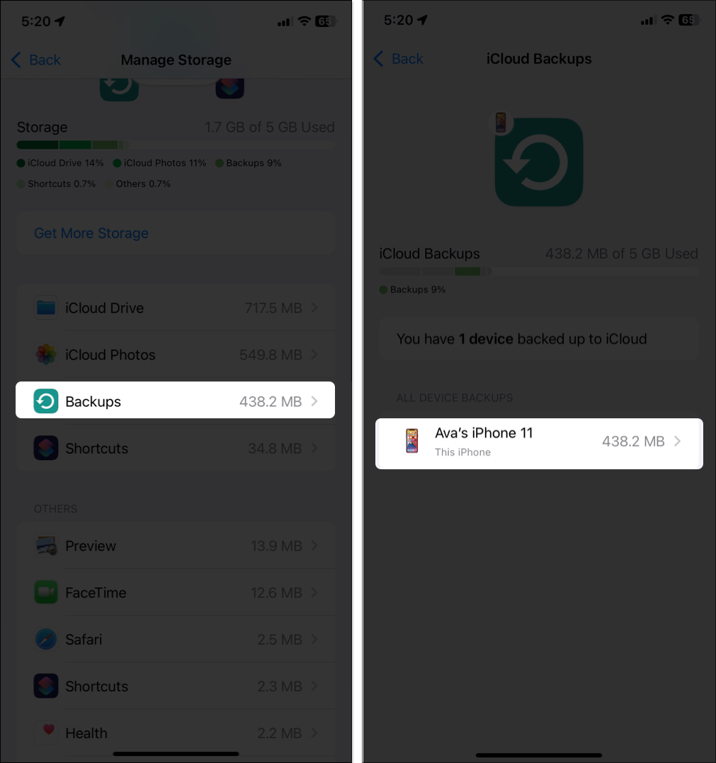 Accessing backup setting on iphone settings