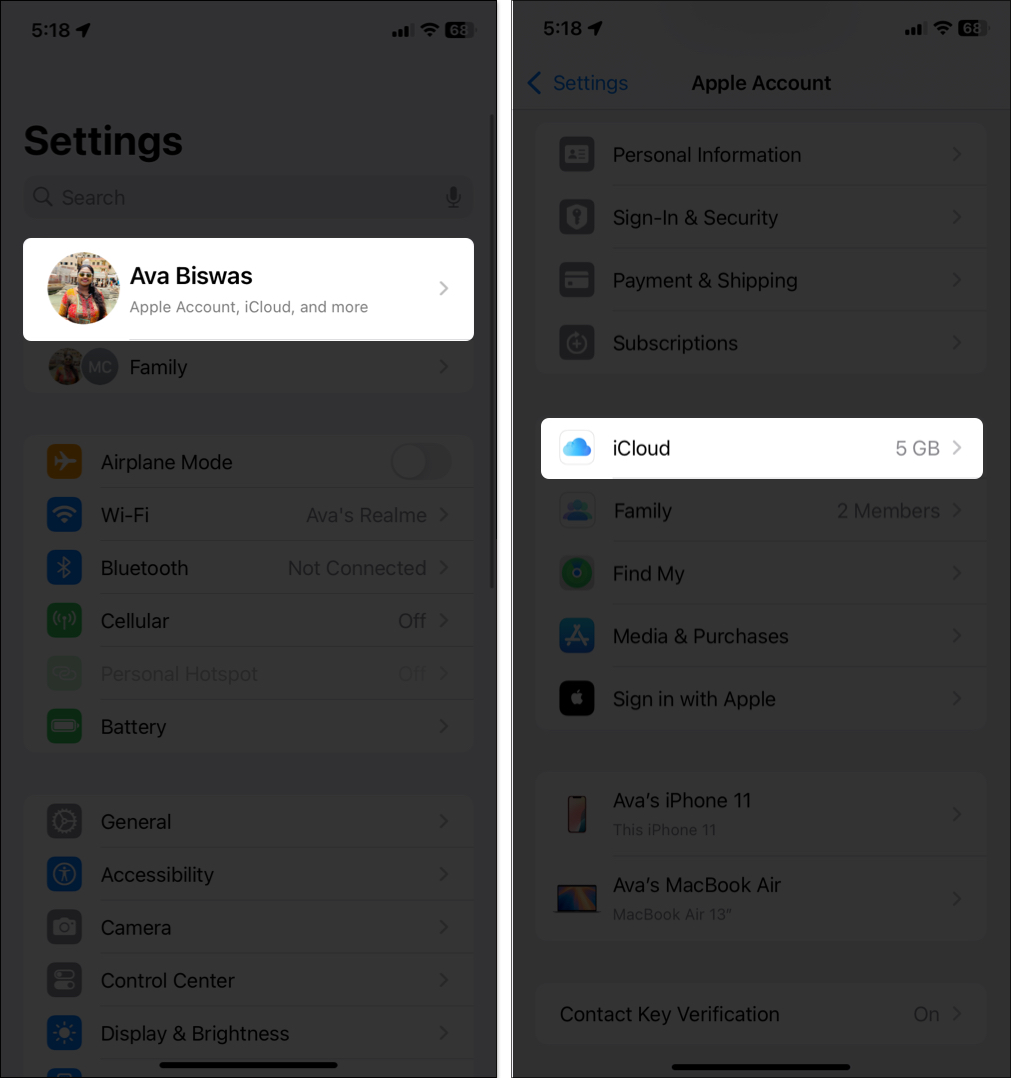 Accessing icloud settings on iphone