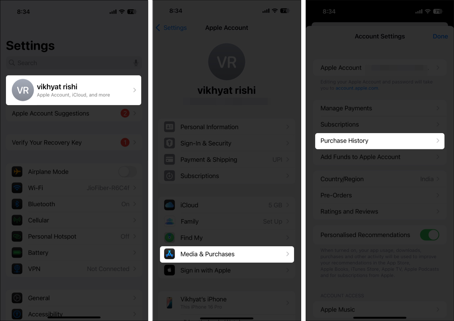 Accessing the purchase history option from the iphone settings app