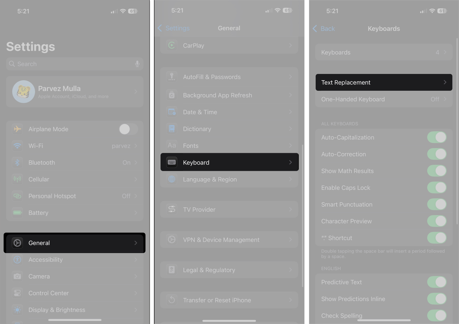 Accessing the text replacement option in ios settings app