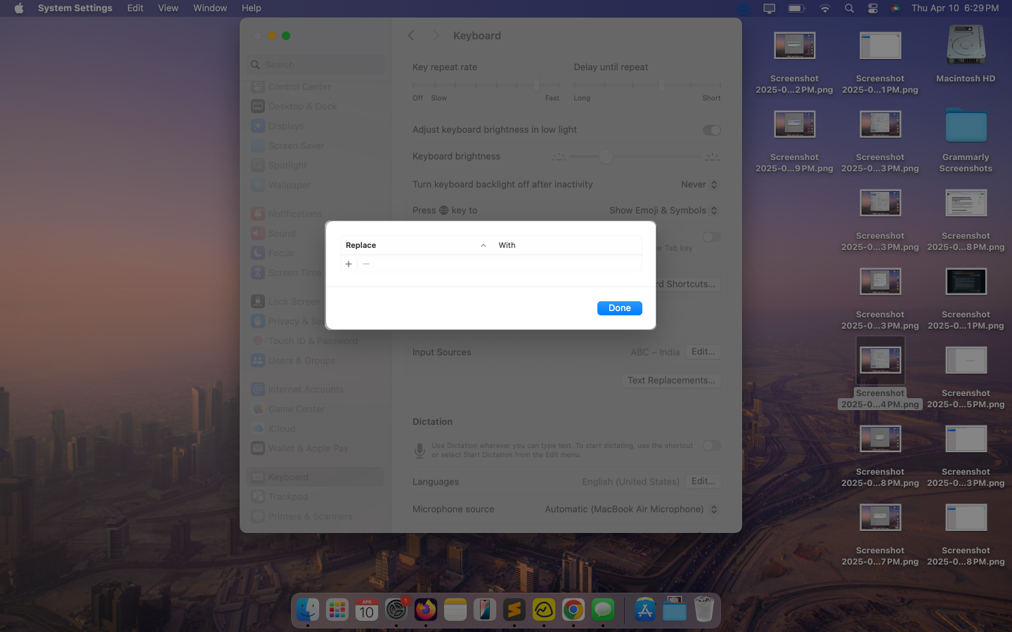 Creating a new text replacement shortcut on a mac