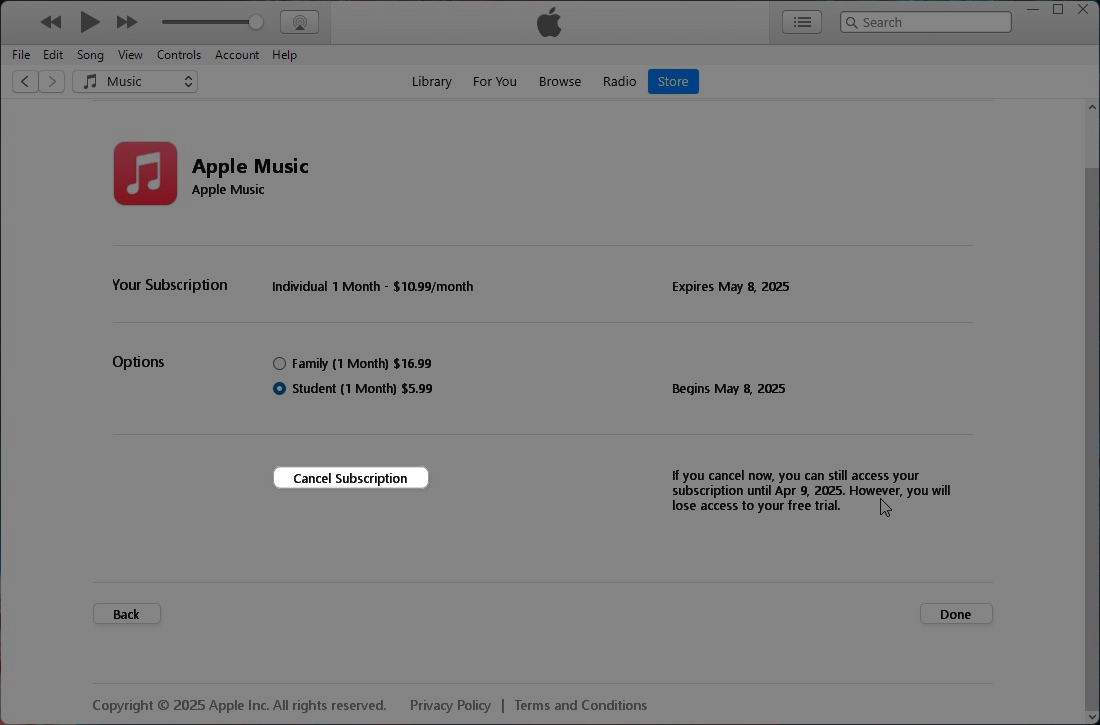 Canceling apple music subscription in itunes on a mac