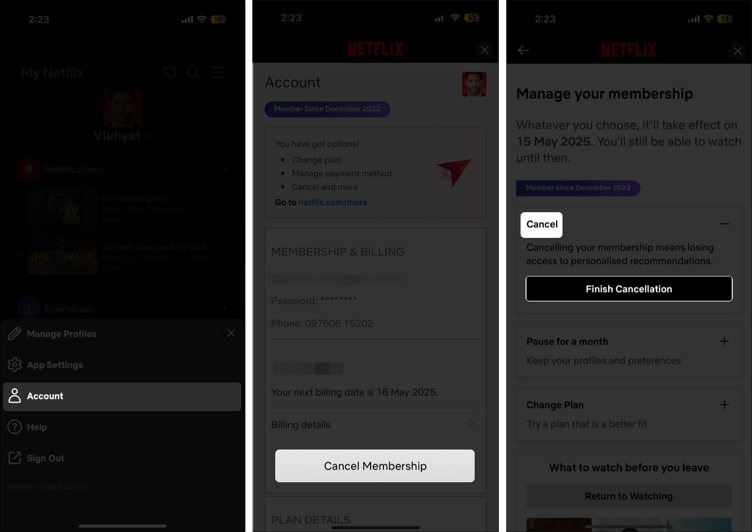 Canceling a netflix subscription through its app on an iphone