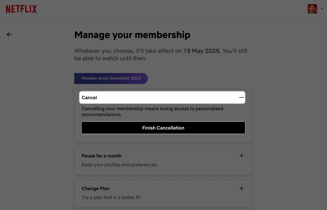 Cancel option on netflix website to confirm subscription cancellation on the website