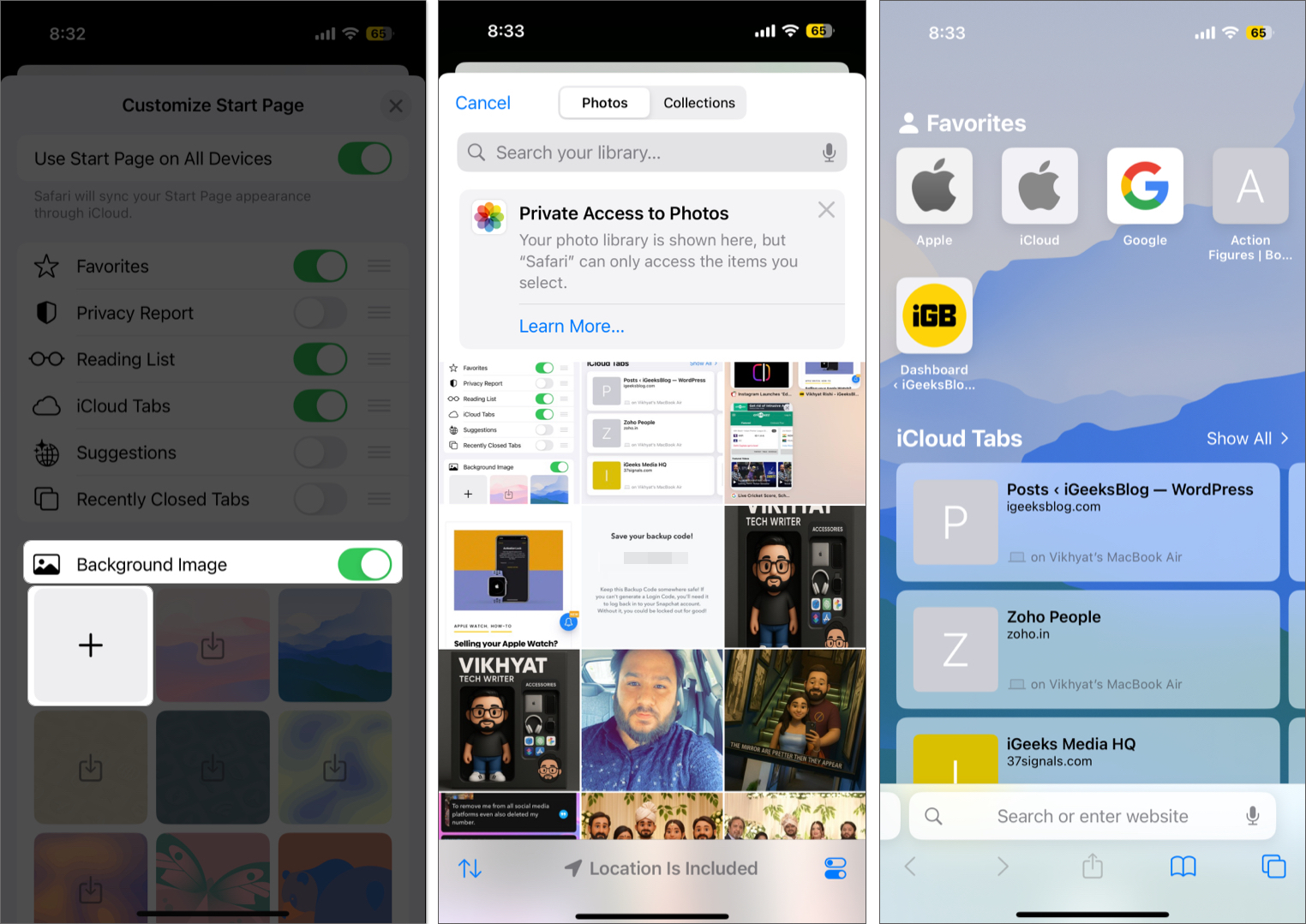 Toggling on safari's Background Image option and choosing a background.