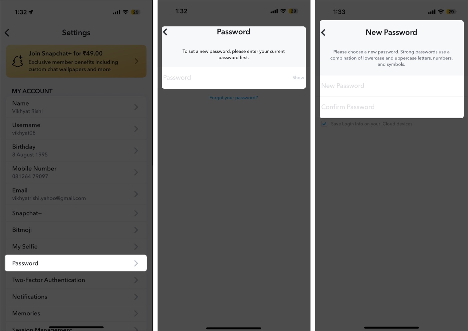 Change your snapchat acoout password
