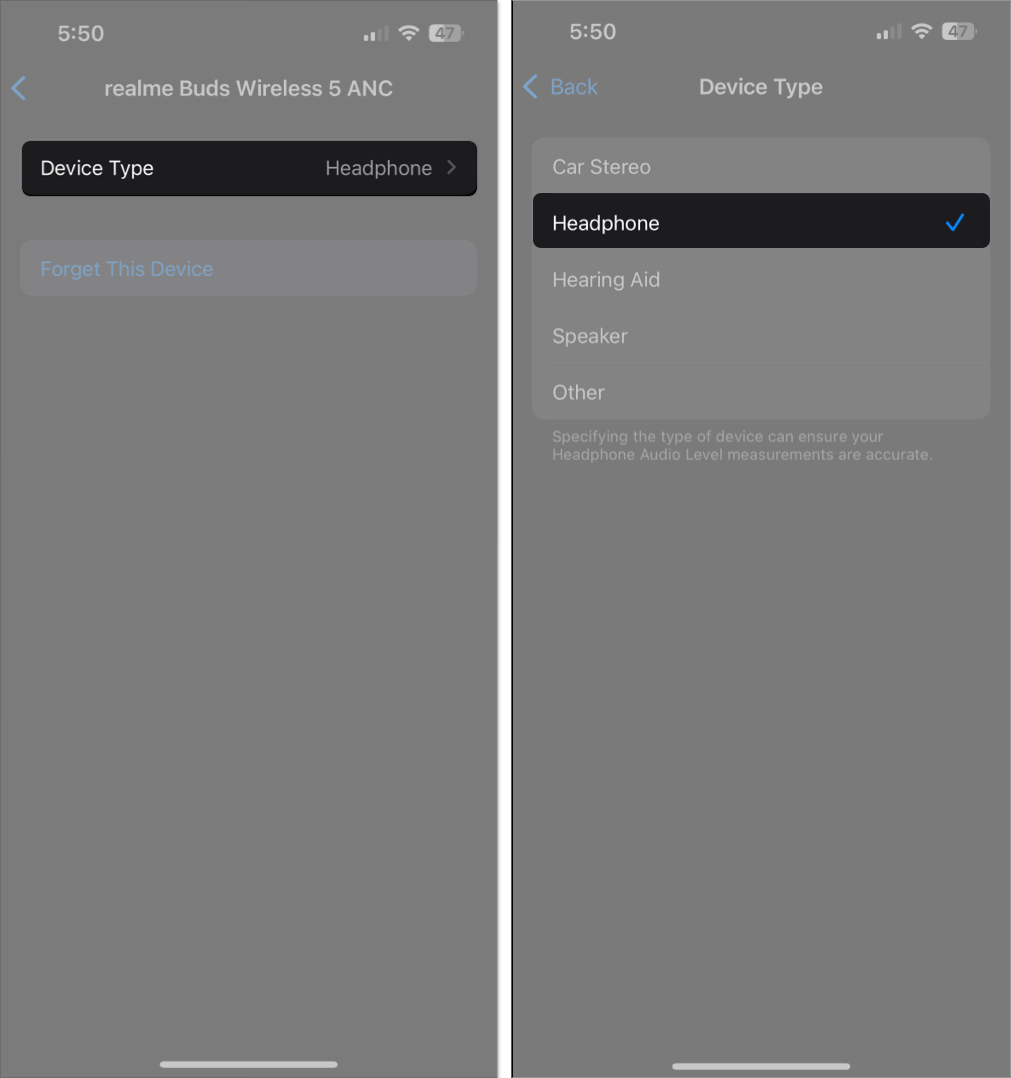 Choose correct device type in bluetooth settings on iphone