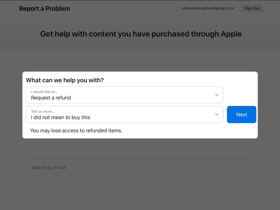Choose a reason to request a refund an for app store purchases via apple's Report a Problem website.
