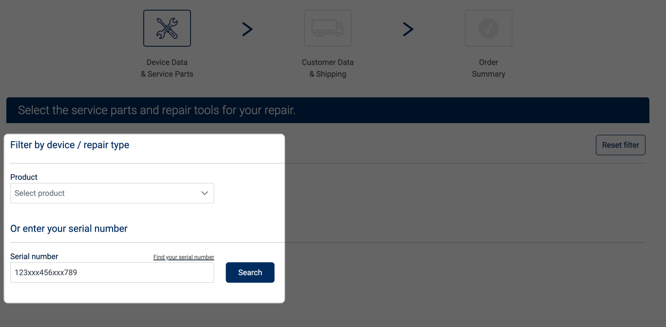 Choose repair type and add serial number to order parts for particular product