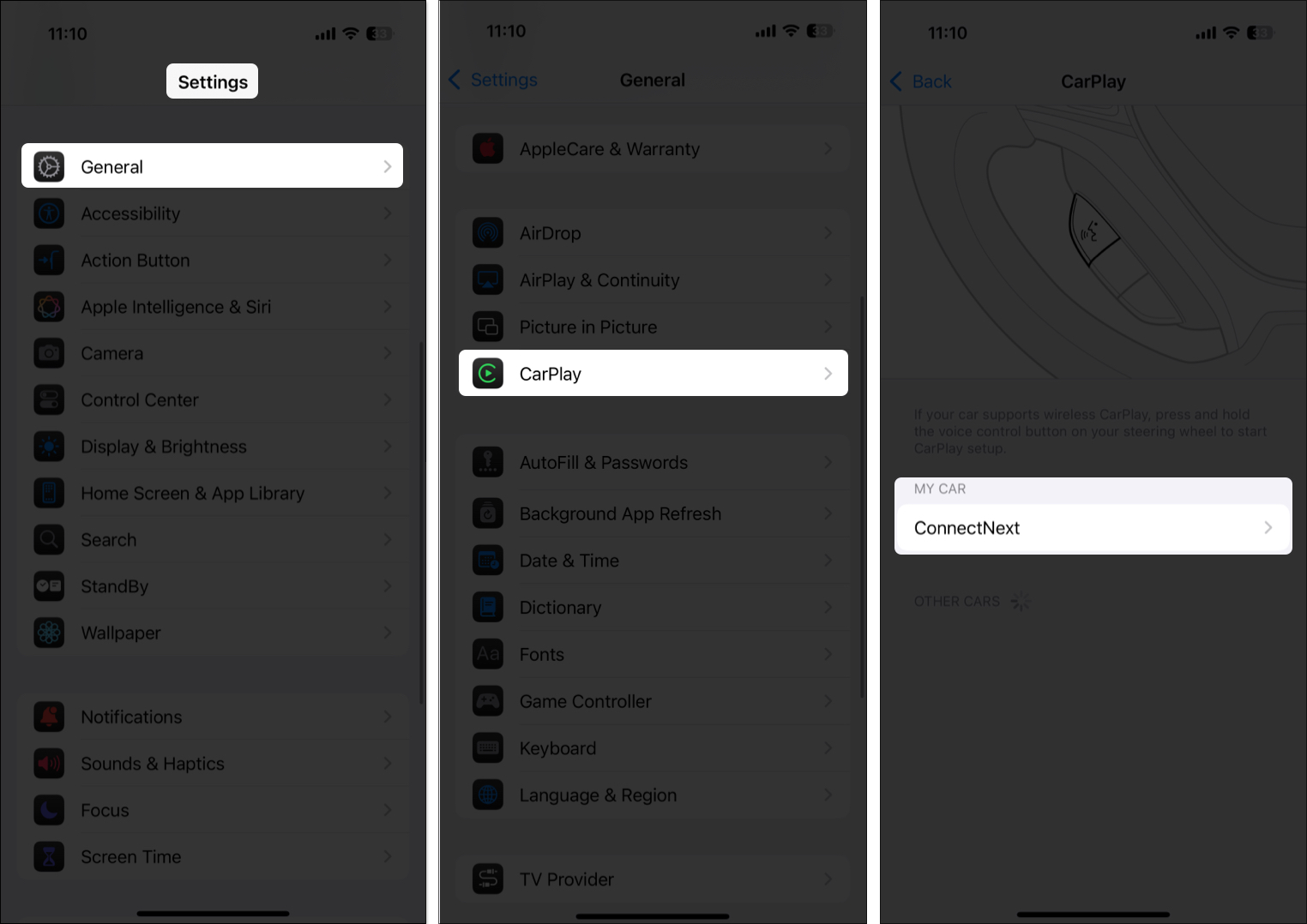 Choose your car under the my car section in the carplay settings page on an iphone