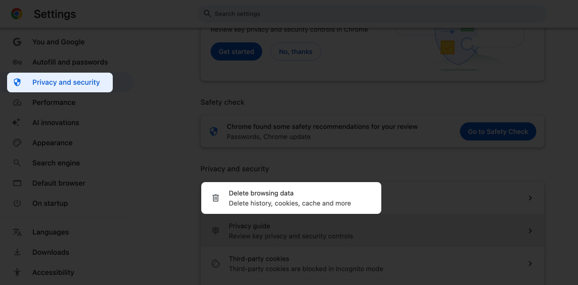 Clear browsing data on chrome