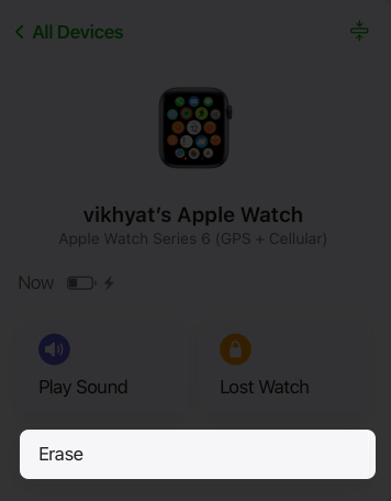 Using the erase button to erase an apple watch from the icloud website