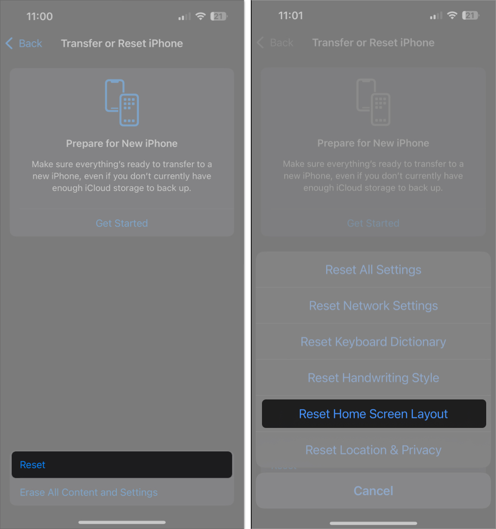 Resetting the home screen layout of an iphone