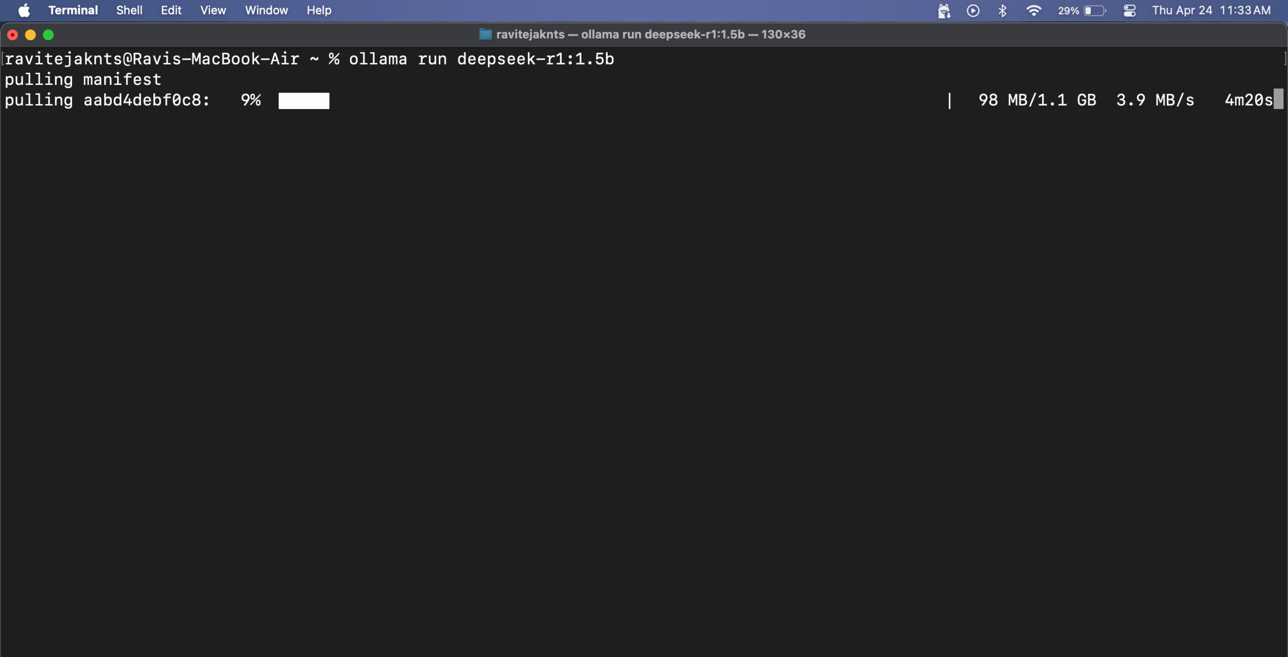 Running the deepseek r1 model via ollama in macos terminal app
