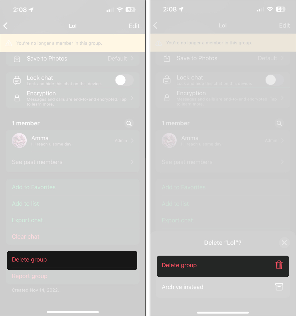Deleting a whatsapp group manually on an iphone