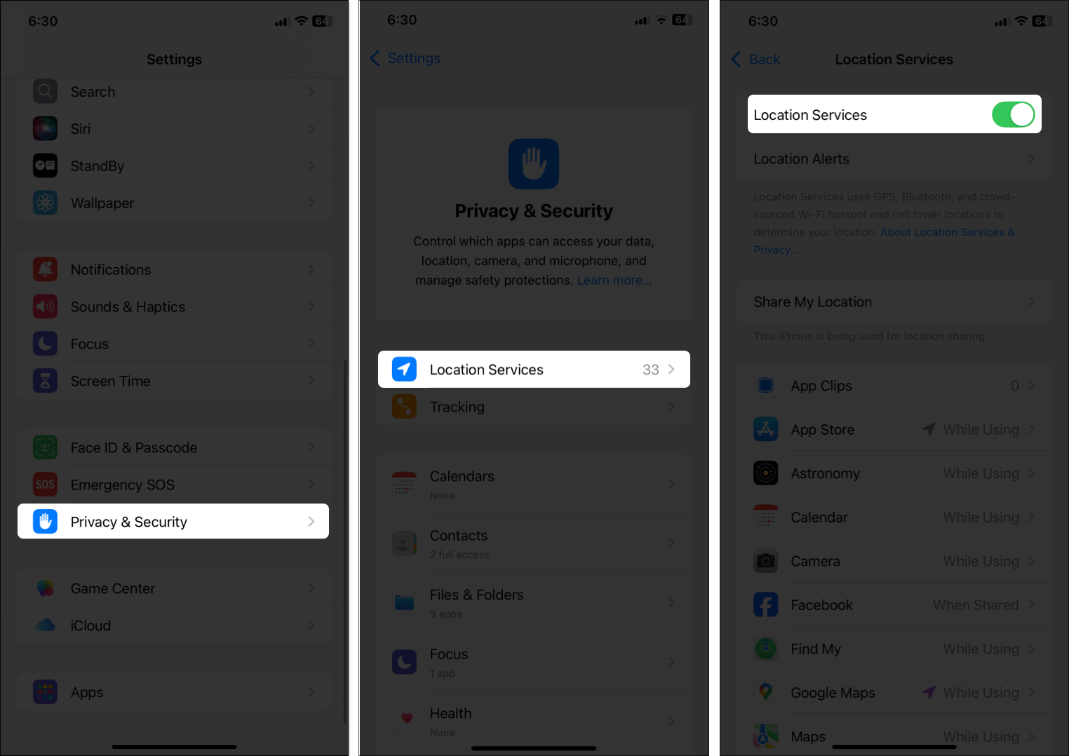 Disable location services in iPhone settings