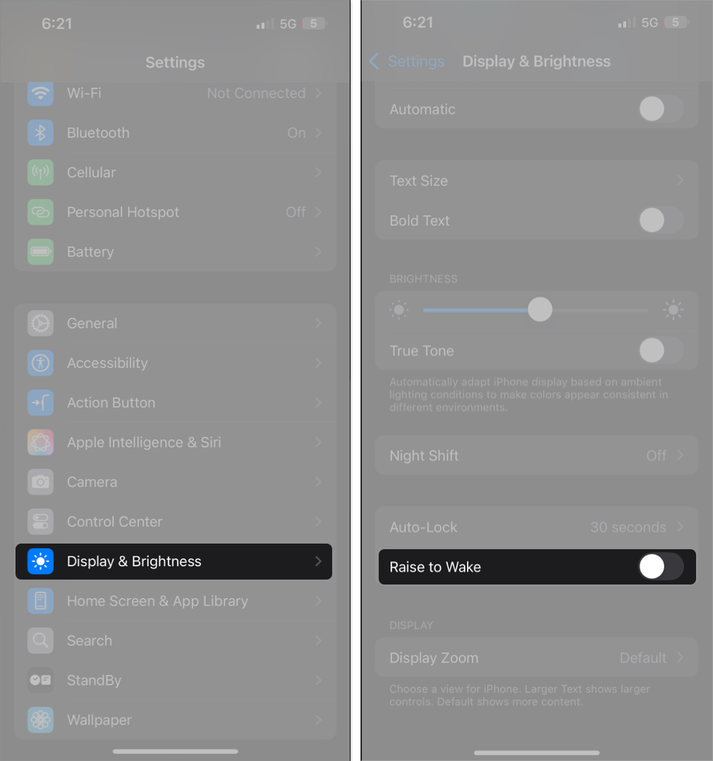 Toggling off the raise to wake feature in iphone settings