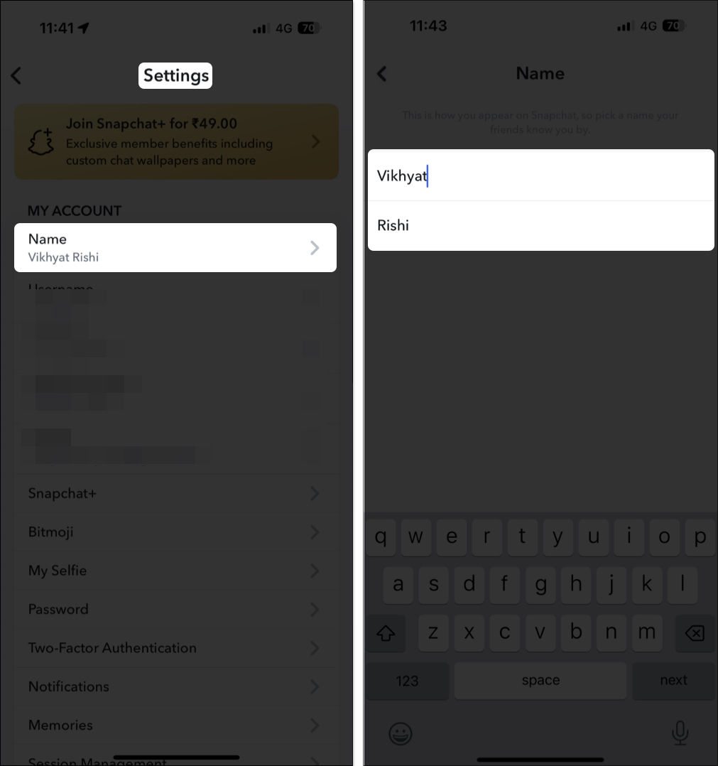 Enter new display name from snapchat settings