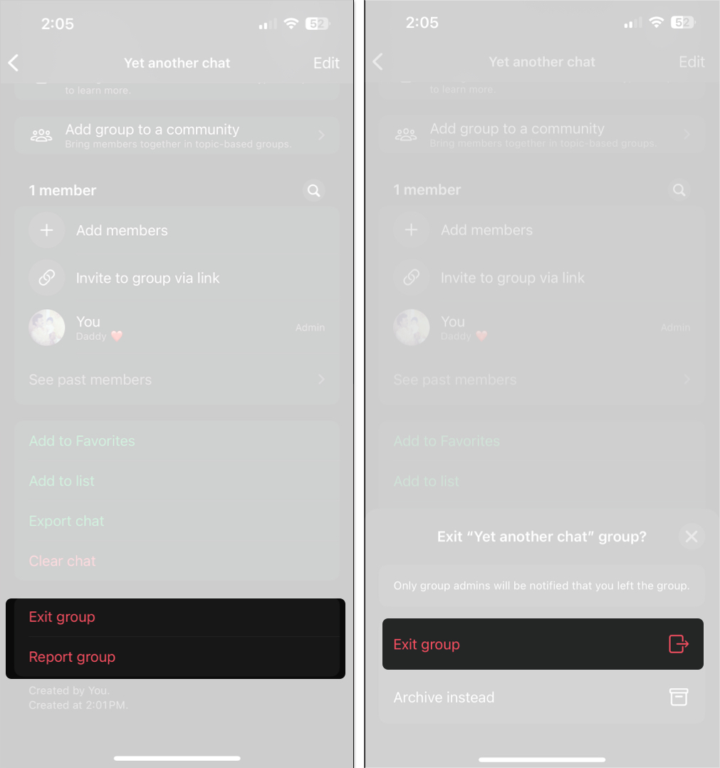 Exiting a whatsapp group on an iphone