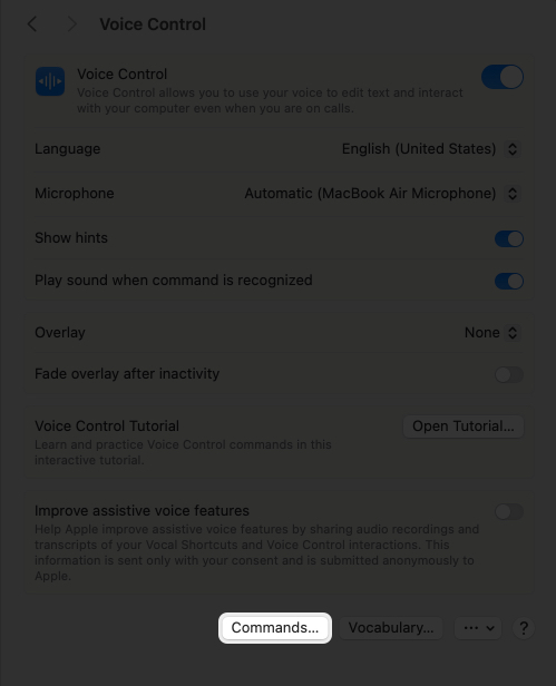 Find command option in voice control settings on mac