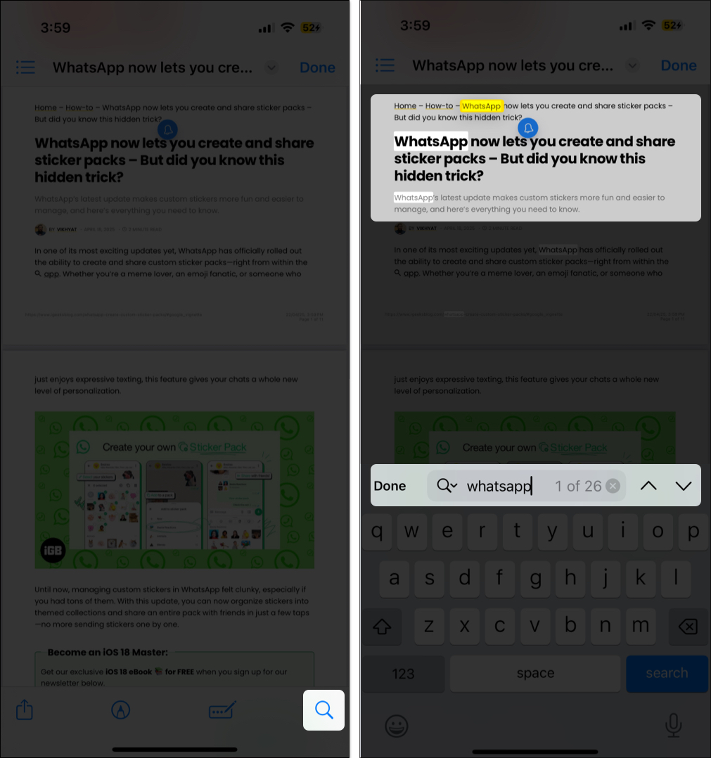 Finding a word or phrase in a pdf document on an iphone