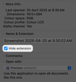 Hide extension option for single file on a mac checked off