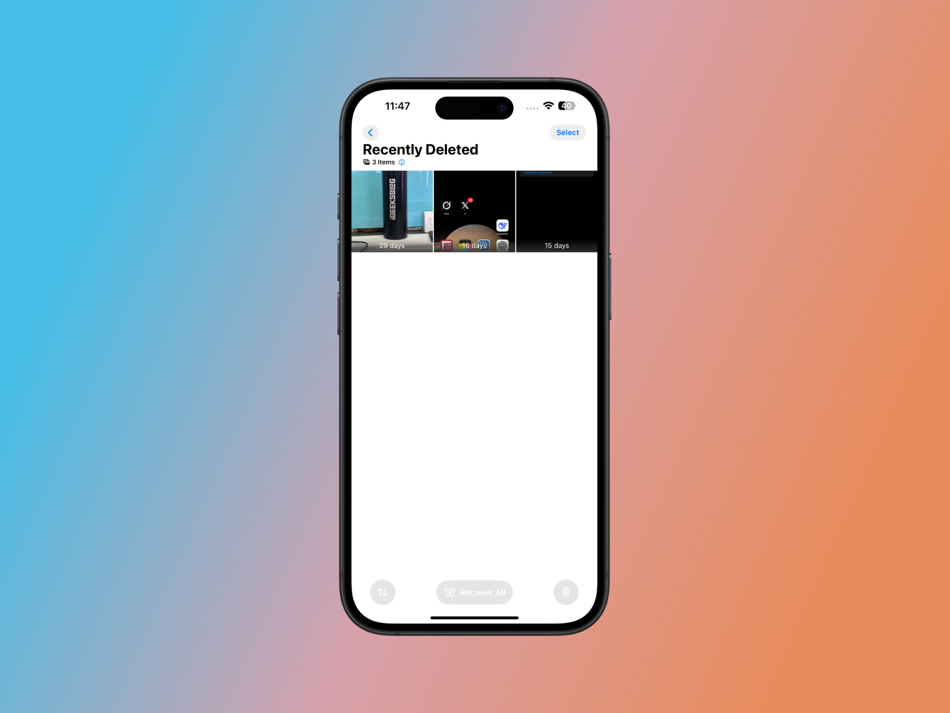 Ios 18 4 beta photos app recently deleted folder with recover all and trash icon