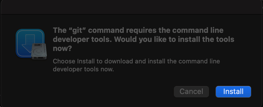 Prompt asking to install git on a mac