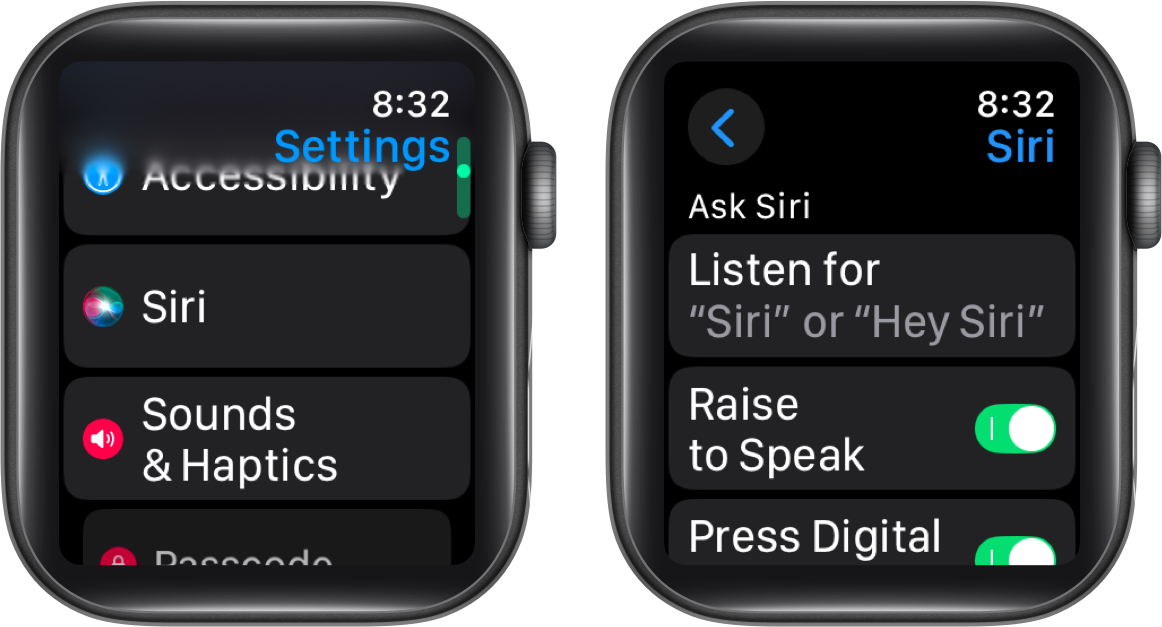 Accessing siri settings on an apple watch