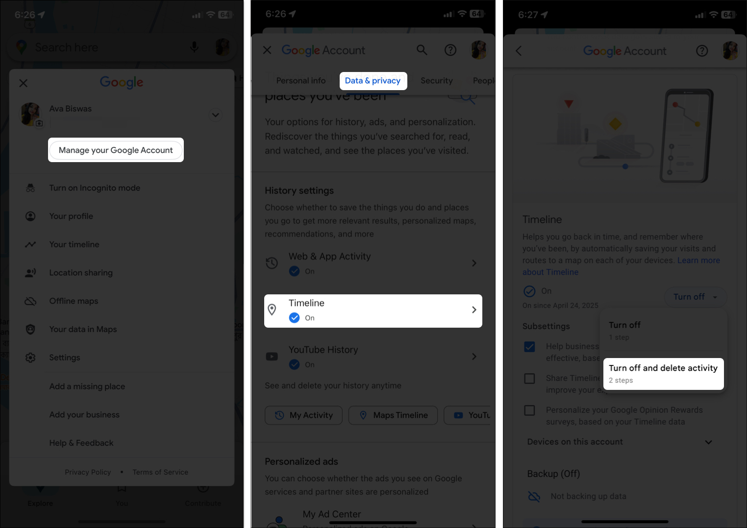Manage location history from the Google Account settings