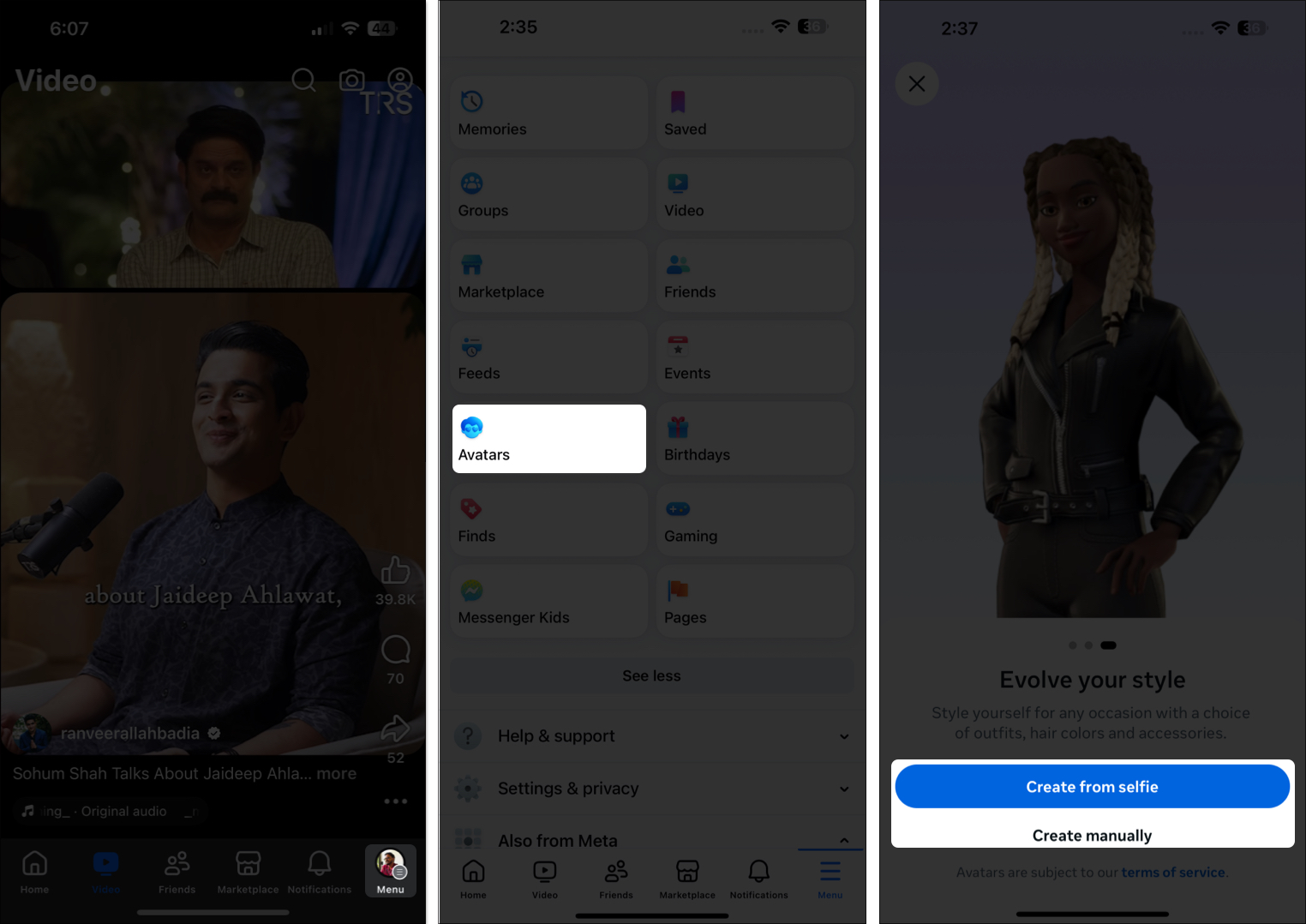 Accessing the avatar creator in the facebook app on an iphone