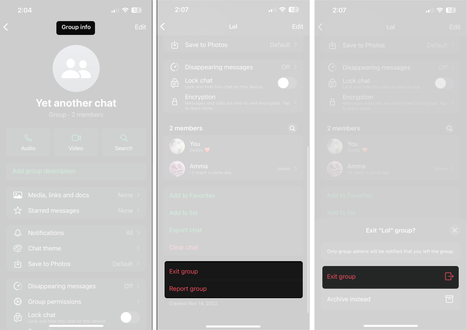 Accessing the group info page and using the exit group option to exit a whatsapp group on an iphone