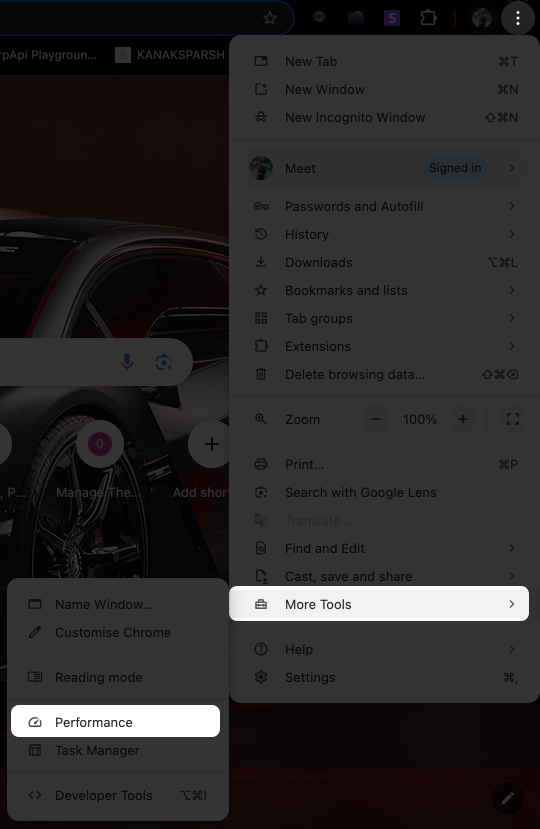 Open more tools and tap performance option on chrome