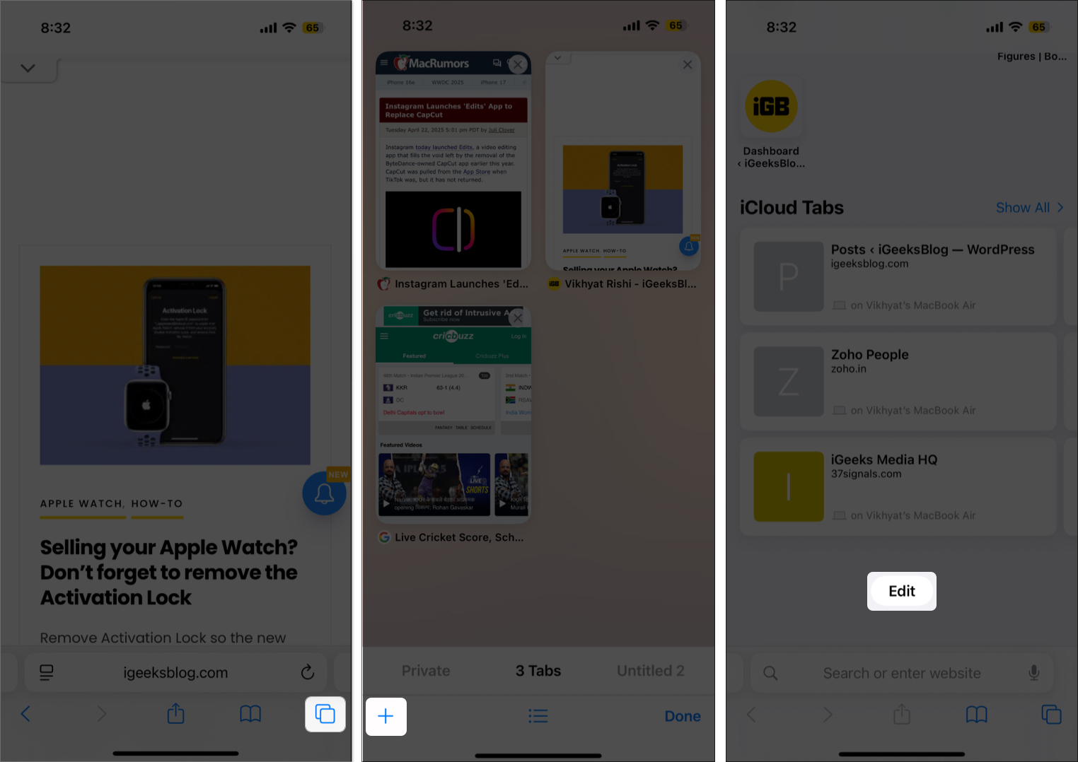 Accessing the edit button on a safari tab on an iphone